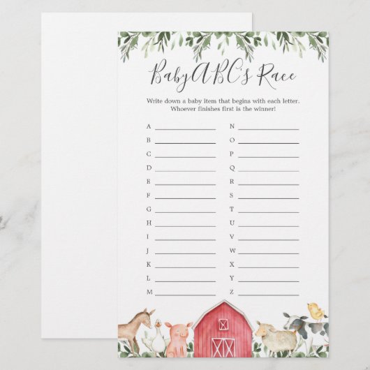 Op het Boerderij Baby shower ABC's Race Game (Voorkant / Achterkant)