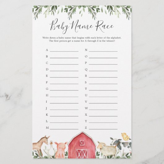 Op het Boerderij Baby shower Race Game (Voorkant)