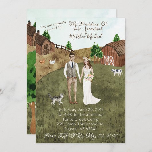 Op het Boerderij bruiloft uitnodiging - Brunette - (Voorkant / Achterkant)