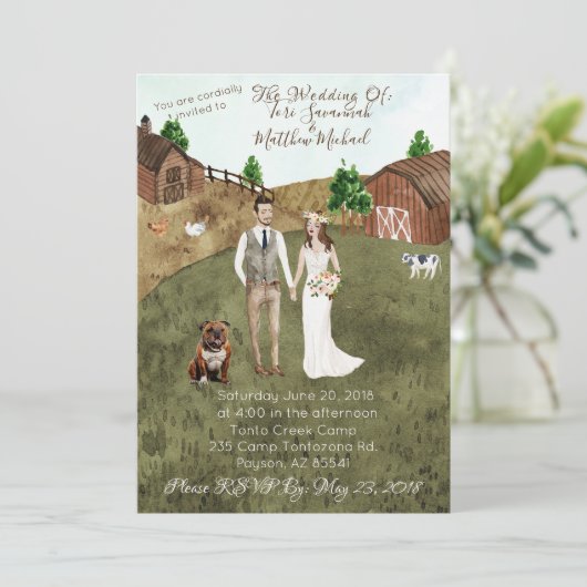 Op het Boerderij huwelijksuitnodiging - Brunette-B Kaart (Staand voorkant)