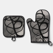 Op het Raster: Abstract Grijs, Zwart & Wit Ovenwant & Pannenlap Set (Voorkant)