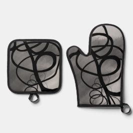 Op het Raster: Abstract Grijs, Zwart & Wit Ovenwant & Pannenlap Set