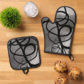 Op het Raster: Abstract Grijs, Zwart & Wit Ovenwant & Pannenlap Set (Top down)