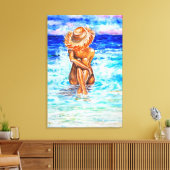 Op het strand - Aquarelschilderij Canvas Afdruk (Insitu (Woonkamer))