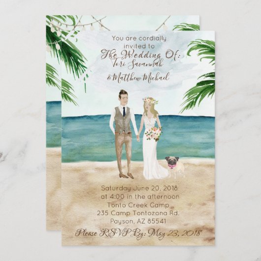 Op het strand bruiloft uitnodiging - met huisdier  (Voorkant / Achterkant)