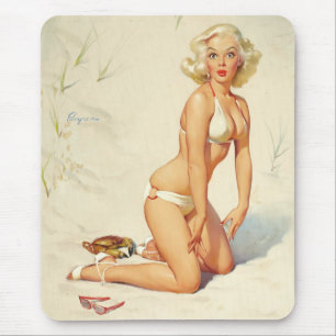Op het strand Retro Pin-up Girl Muismat