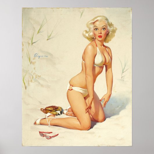 Op het strand Retro Pin-up Girl Poster (Voorkant)