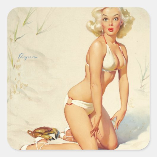 Op het strand Retro Pin-up Girl Vierkante Sticker (Voorkant)