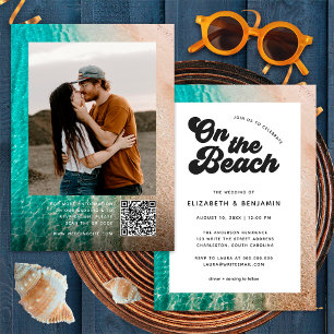 Op het strand typografie foto QR code bruiloft Kaart