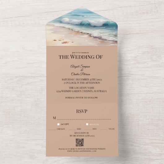 Op het strand waterverf bruiloft uitnodigen all in one uitnodiging (Binnen)