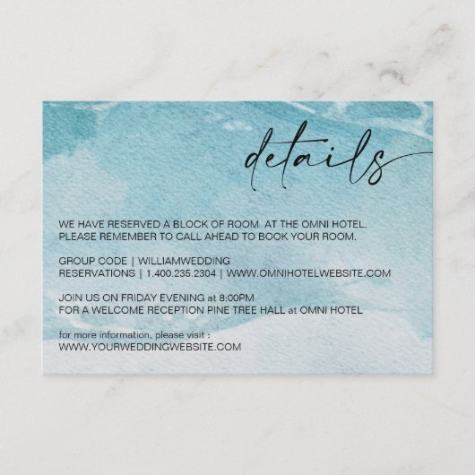 Op het strand Waterverf strand bruiloft details Informatiekaartje (Voorkant)