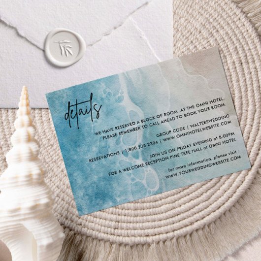 Op het strand Waterverf strand bruiloft details Informatiekaartje