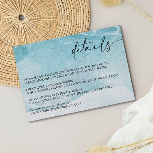 Op het strand Waterverf strand bruiloft details Informatiekaartje