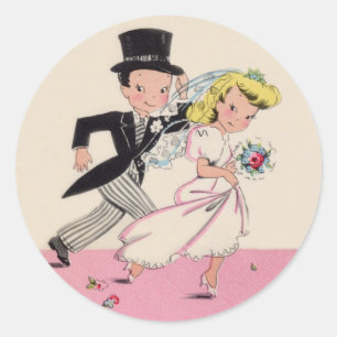Op hol geslagen bruid & bruidegom ronde sticker