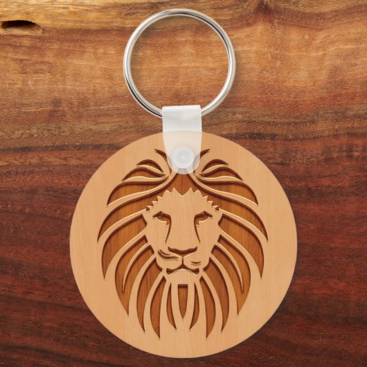 Op houten ontwerpen gegraveerde leeuwenkop sleutelhanger (Voorkant)