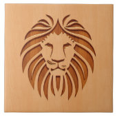 Op houten ontwerpen gegraveerde leeuwenkop tegeltje (Voorkant)