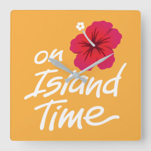 Op Island Time Clock met Hibiscus graphics Vierkante Klok
