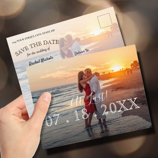 Op laatste eenvoudige moderne fotobruiloft bespaar aankondigingskaart