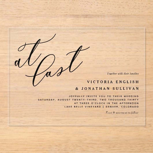 Op laatste zwarte moderne kalligrafie acryl uitnodigingen (Voorkant)