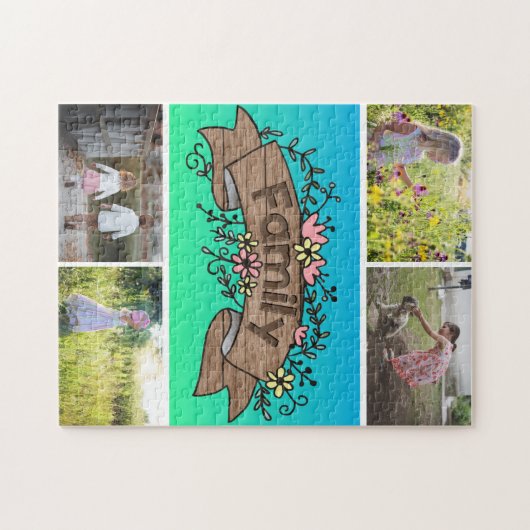 Op maat 4 Foto/ Blauw Groen Rustieke Familie Bloem Legpuzzel (Horizontaal)