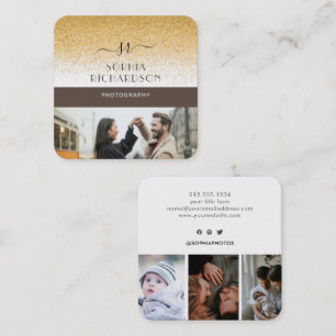 Op maat 4 foto's goud glitters met monogram vierkante visitekaartje