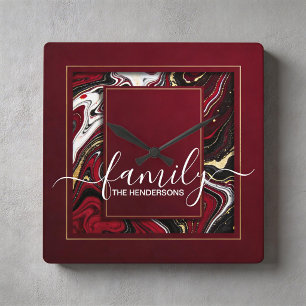 Op maat burgundy goud marmer vierkante klok