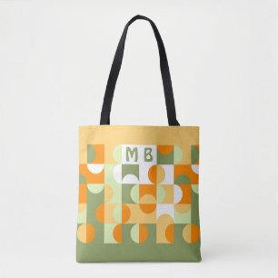 Op maat felgroen zonnig oranje retro kunstpatroon tote bag
