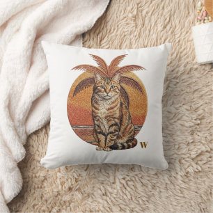 Op maat geborduurde "W" Kat & Palmboom Zonsonderga Kussen
