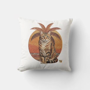 Op maat geborduurde "W" Kat & Palmboom Zonsonderga Kussen