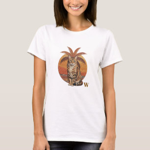 Op maat geborduurde "W" Kat & Palmboom Zonsonderga T-shirt