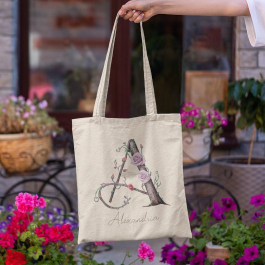 Op maat gemaakt bloemenuitgave Letter A gepersonal Tote Bag