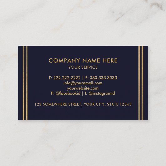 Op maat gemaakt donker marineblauw zwart en goud p visitekaartje (Achterkant)
