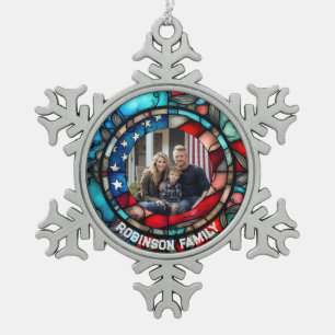 Op maat gemaakt glas-in-loodontwerp USA-vlag patri Tin Sneeuwvlok Ornament