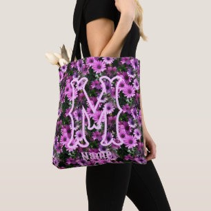 Op maat gemaakt initiaal naam paarse madeliefjes tote bag