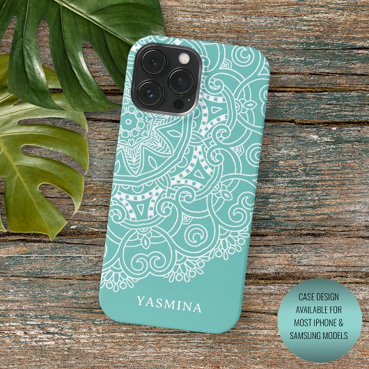 Op maat gemaakt Mandala-kunstpatroon op licht teal Case-Mate iPhone Case