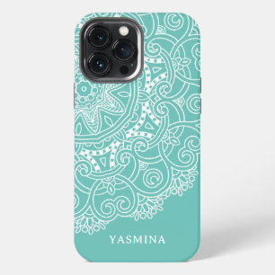 Op maat gemaakt Mandala-kunstpatroon op licht teal iPhone 13 Pro Max Hoesje