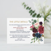 Op maat gemaakt Merlot Navy Bloemdetails Enclosure RSVP Kaartje (Staand voorkant)