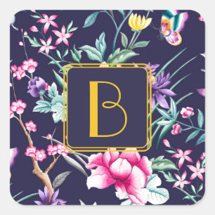 Op Maat Gemaakt met Initialen Bloemmotief Vierkante Sticker