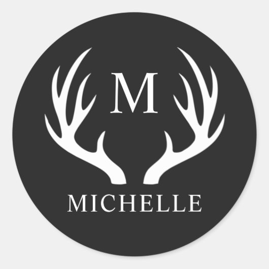 Op maat gemaakt monogram met zwarte witte rendierh ronde sticker (Voorkant)