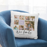 Op Maat Gemaakt Monogram Onze Familie Fotocollage Kussen<br><div class="desc">Monogramkussen met de woorden "Onze familie" in een stijlvol schrift met 8 vierkante foto's in een rasterlay-out op de voor- en achterkant, waardoor er in totaal 16 foto's zijn die je kunt vervangen door je eigen foto's tegen een witte achtergrond. Je kunt ook je familie-initiaal toevoegen voor het monogram en...</div>