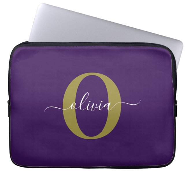 Op maat gemaakt monogram script naam paars wit gou laptop sleeve (Voorkant)