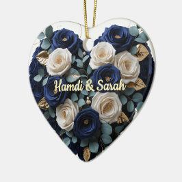 Op maat gemaakt Navy Goud Bloemige Monogram Hart O Keramisch Ornament