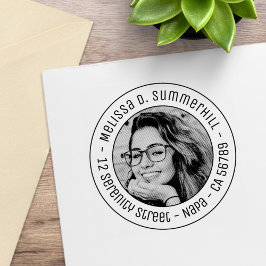 Op maat gemaakt portret foto ronde adrespla </s> rubberstempel