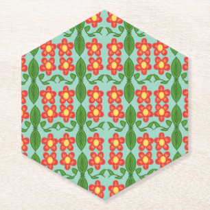 Op maat gemaakt rood folk art bloem- en bladpatroo kartonnen onderzetters