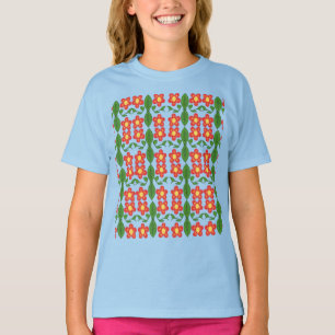 Op maat gemaakt rood folk art bloem- en bladpatroo t-shirt