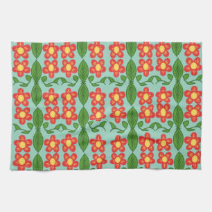 Op maat gemaakt rood folk art bloem- en bladpatroo theedoek