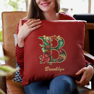 Op maat gemaakt Sierlijk Monogram B Kerstmis Rood  Kussen