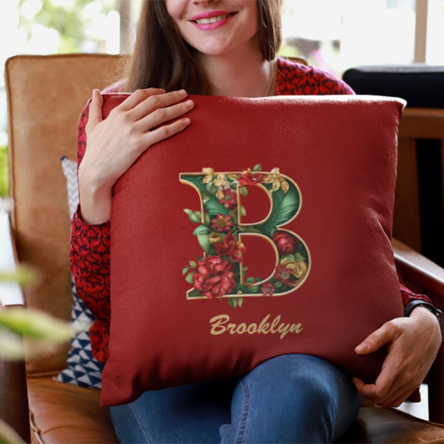 Op maat gemaakt Sierlijk Monogram B Kerstmis Rood  Kussen (Creator heeft geüpload)