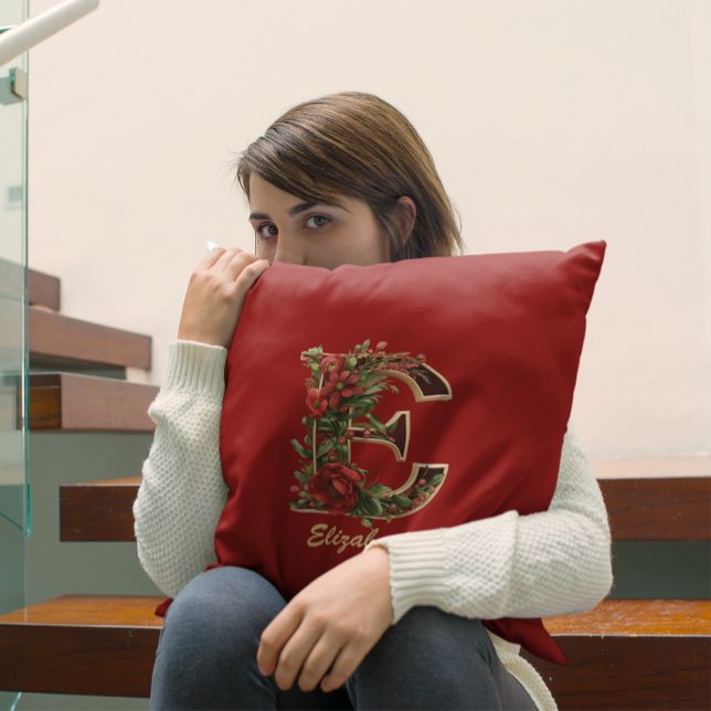 Op maat gemaakt Sierlijk Monogram E Kerstmis Rood  Kussen (Creator heeft geüpload)