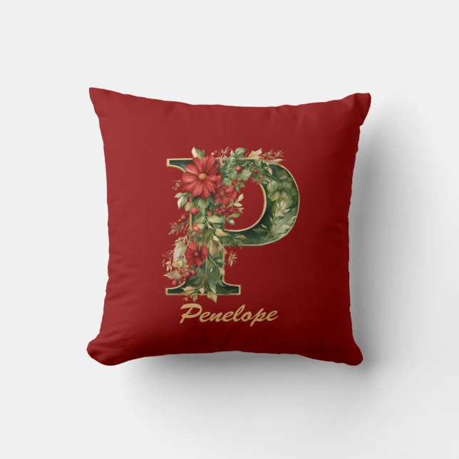 Op maat gemaakt Sierlijk Monogram P Kerstmis Rood  Kussen (Voorkant)